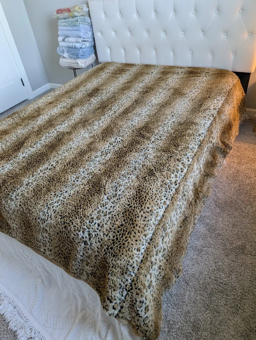 Faux Fur Animal Print Duvet Cover Brown Tan Plush Leopard Style Button Closure